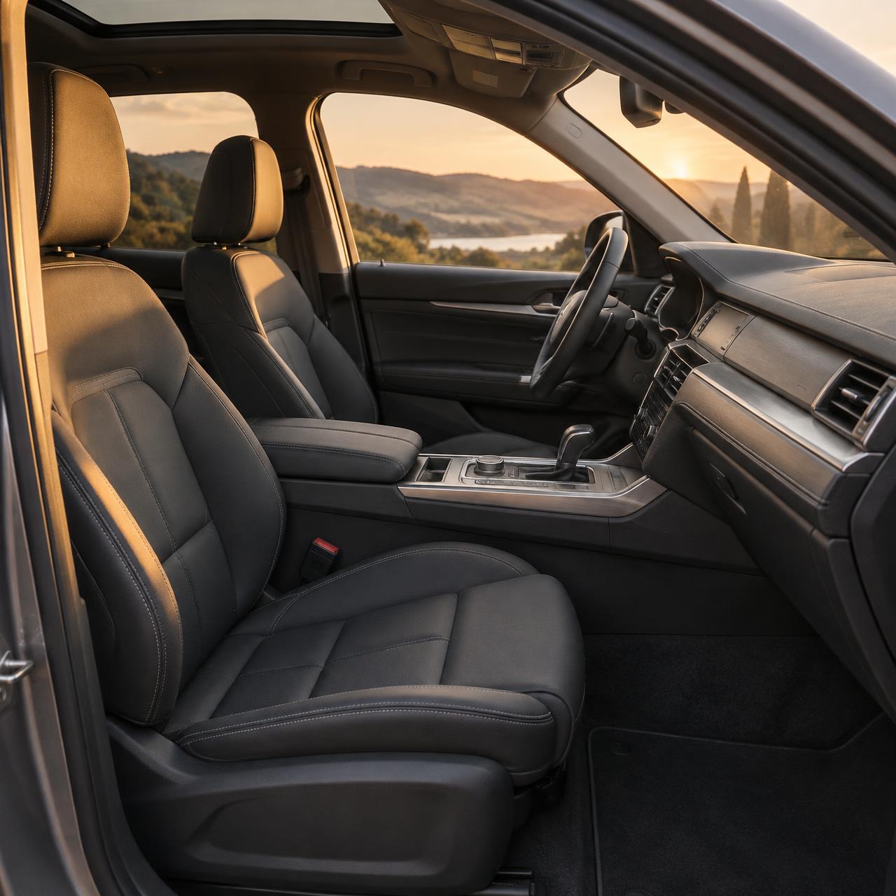 A refined vehicle interior with warm evening light