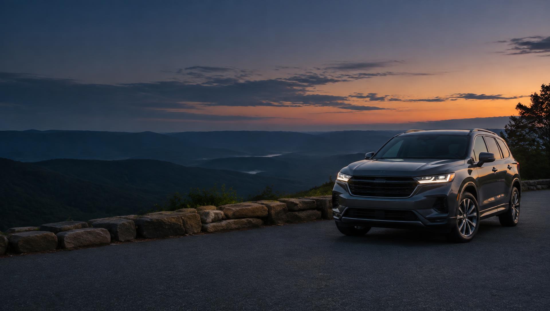 An SUV beside a Blue Ridge mountain road at sunset